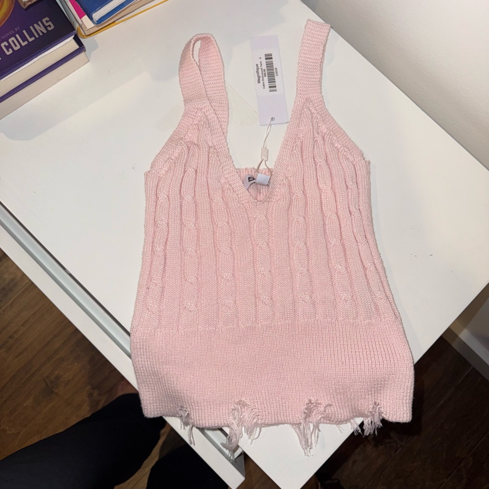 525 Pink Knit Fringe Tank Top